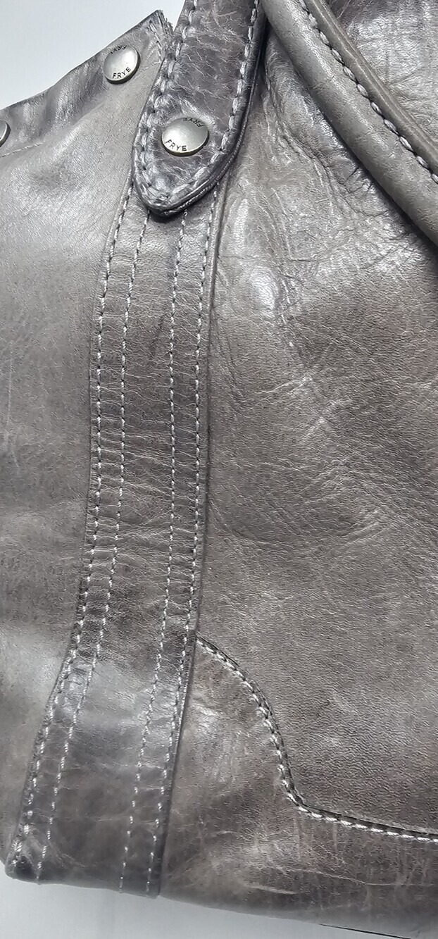 Frye Melissa Distressed Leather Ice Gray Hobo Shoulder Tote Bag Excellent - Picture 15 of 16